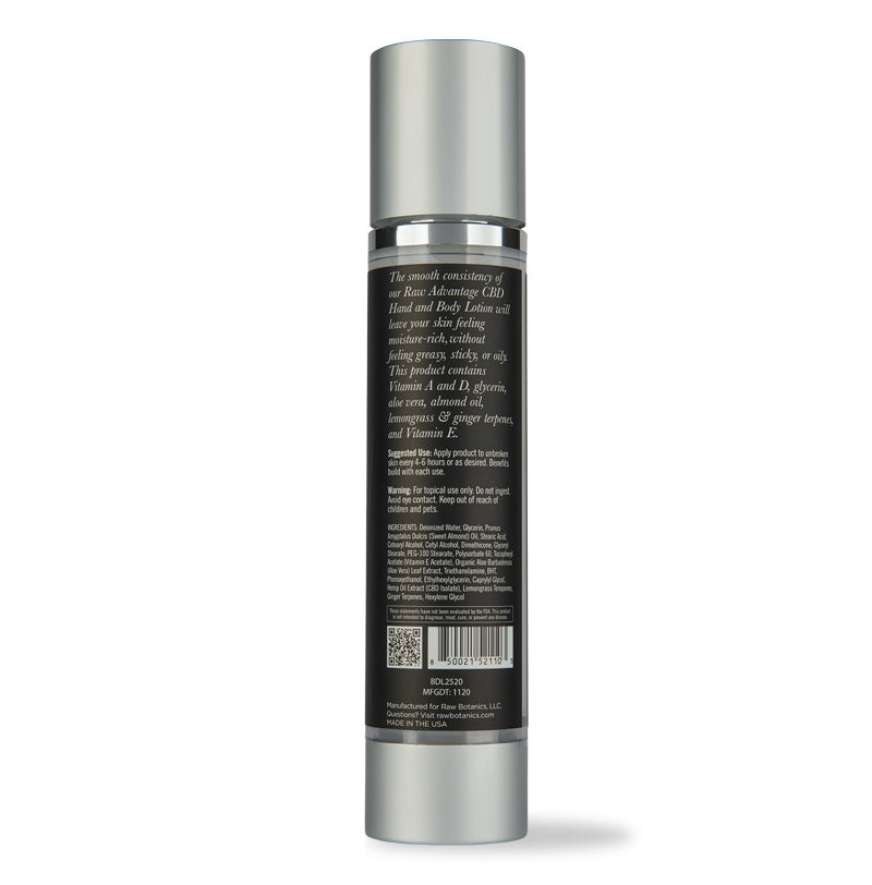 Raw Advantage Body Lotion | CBD, Soothing with Vitamin E, Aloe Vera, Almond Oil, Lemongrass & Ginger